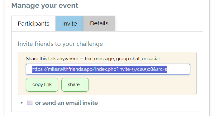 The Invite tab on Miles with Friends showing a shareable join link with copy link and share buttons, plus an option to send an email invite instead